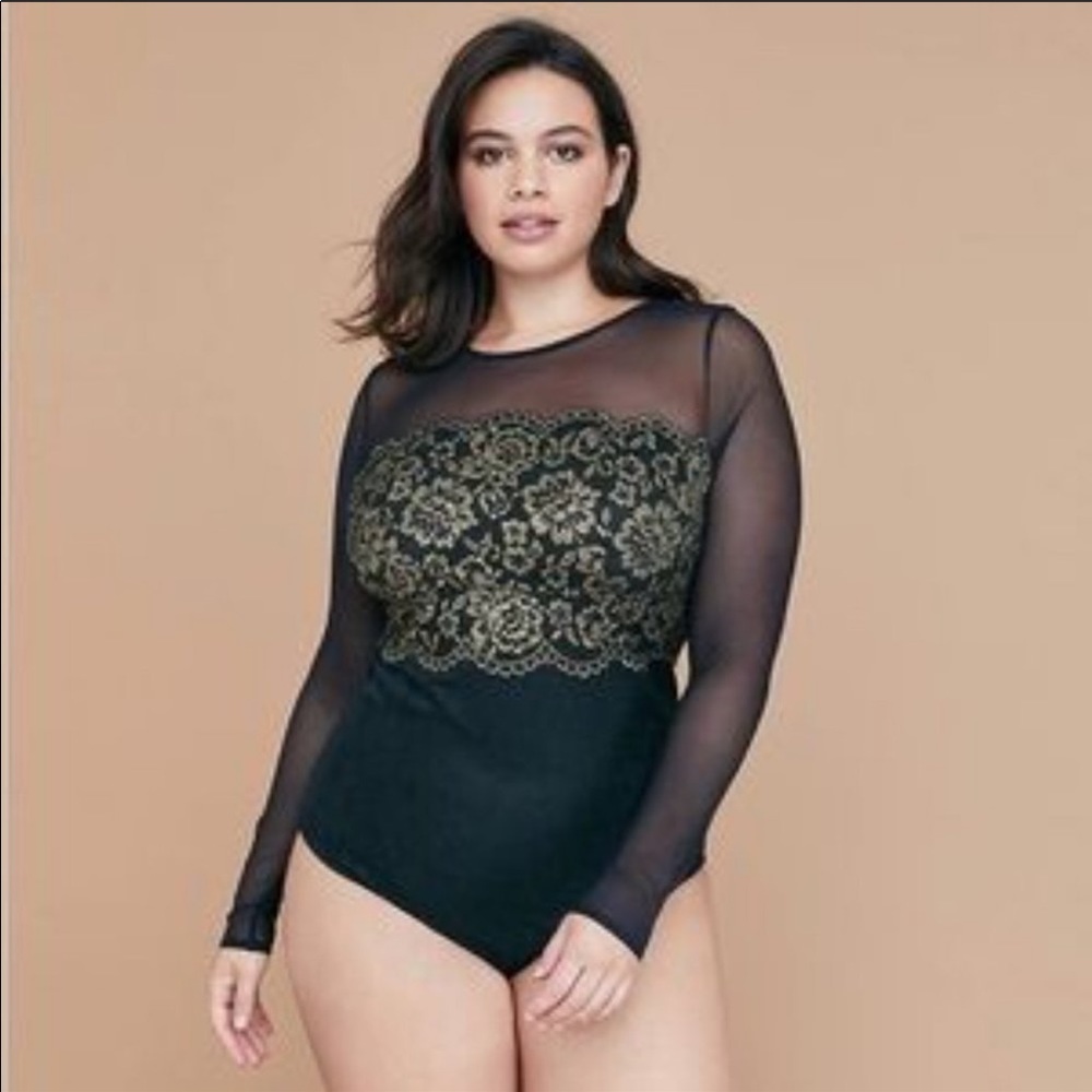 Cacique Lace Metallic Gold Black Sheer Mesh Bodysuit Lane B Valentines Day Sexy